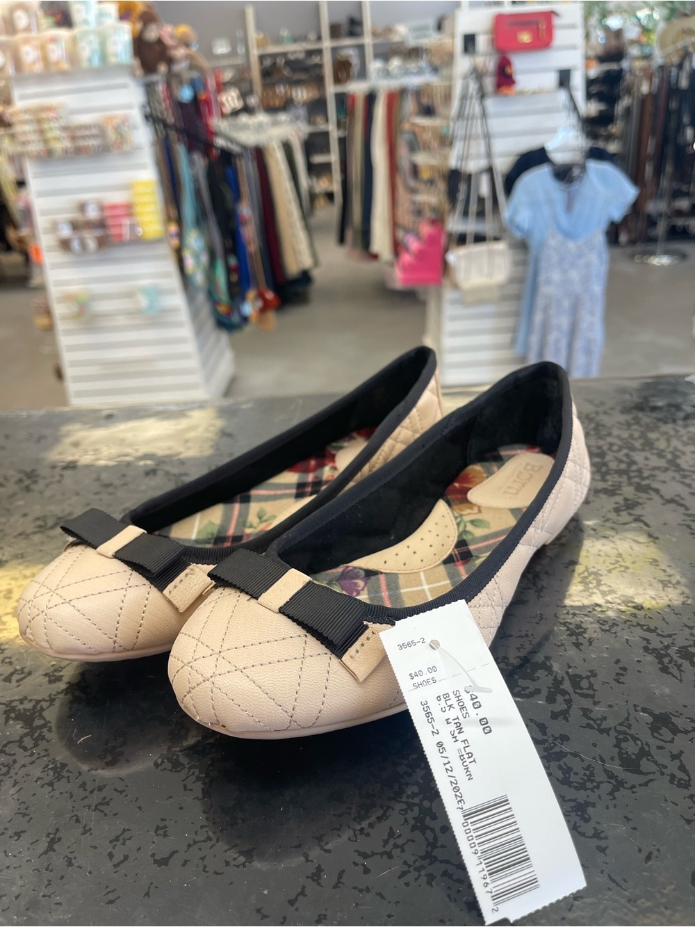 Born Quilted Ballet Flats in Light Beige with Black Bow